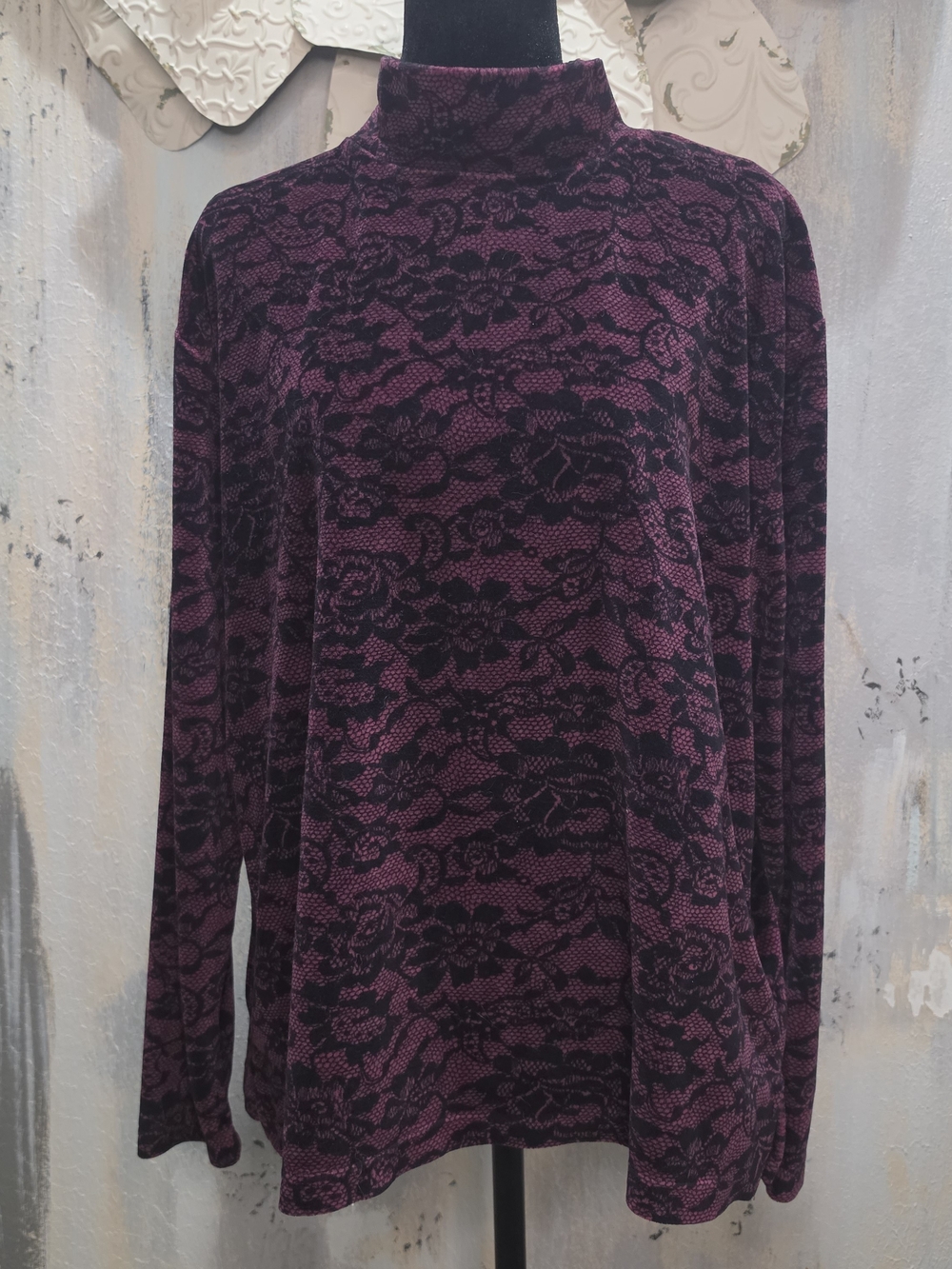 Erika Plum Mock Neck Lace-Pattern Long Sleeve Top Size Large